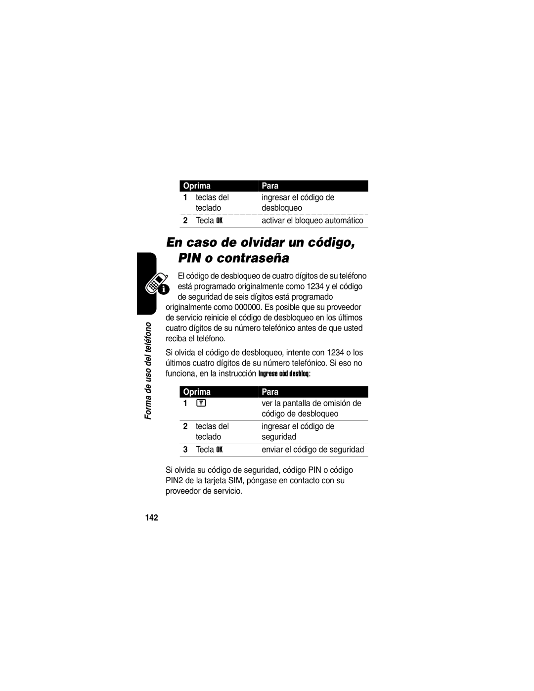 Motorola V540 manual En caso de olvidar un código, PIN o contraseña, Código de desbloqueo, 142 