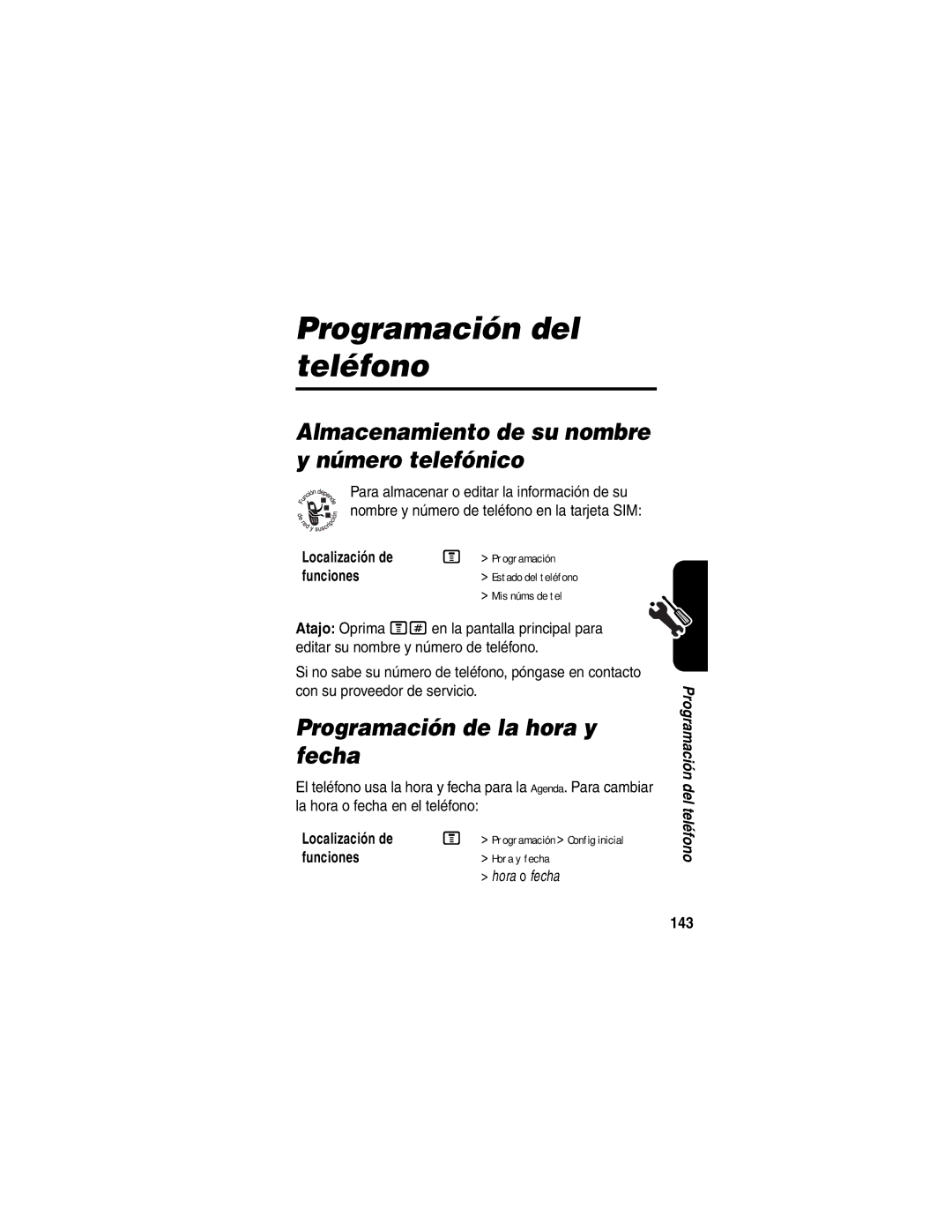 Motorola V540 Programación del teléfono, Almacenamiento de su nombre y número telefónico, Programación de la hora y fecha 