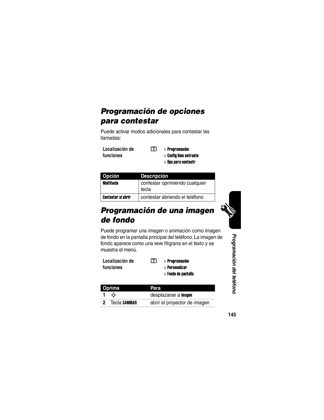 Motorola V540 manual Programación de opciones para contestar, Programación de una imagen de fondo, Opción Descripción, 145 