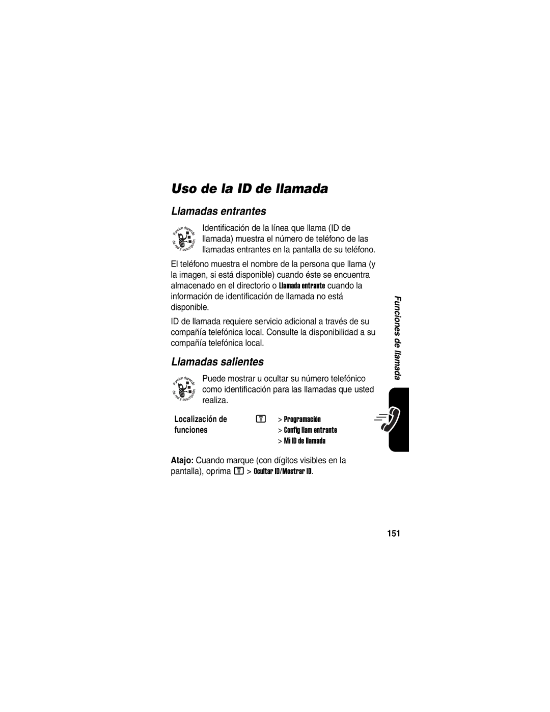 Motorola V540 manual Uso de la ID de llamada, Llamadas entrantes, Llamadas salientes, 151 