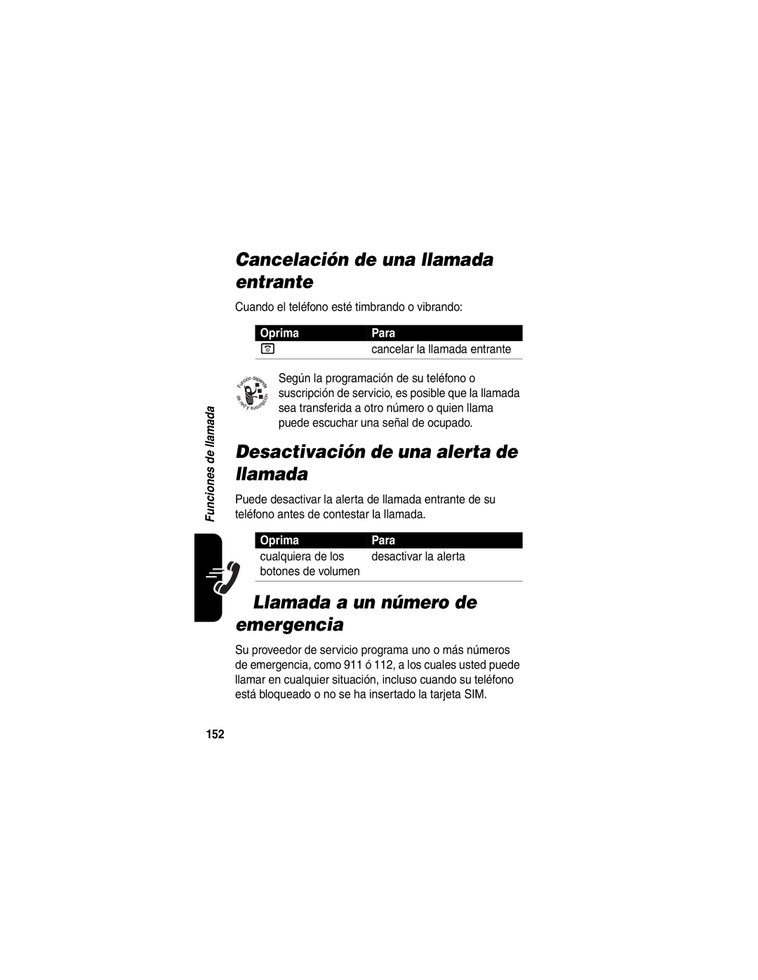 Motorola V540 manual Cancelación de una llamada entrante, Desactivación de una alerta de llamada, 152 