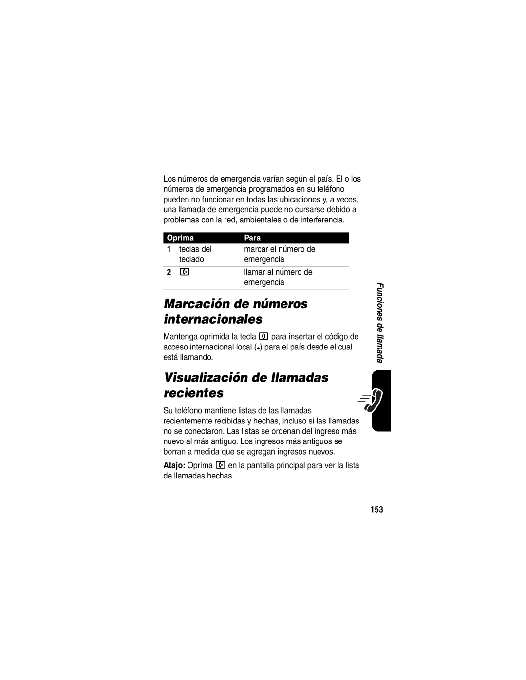 Motorola V540 manual Marcación de números internacionales, Visualización de llamadas recientes, 153 