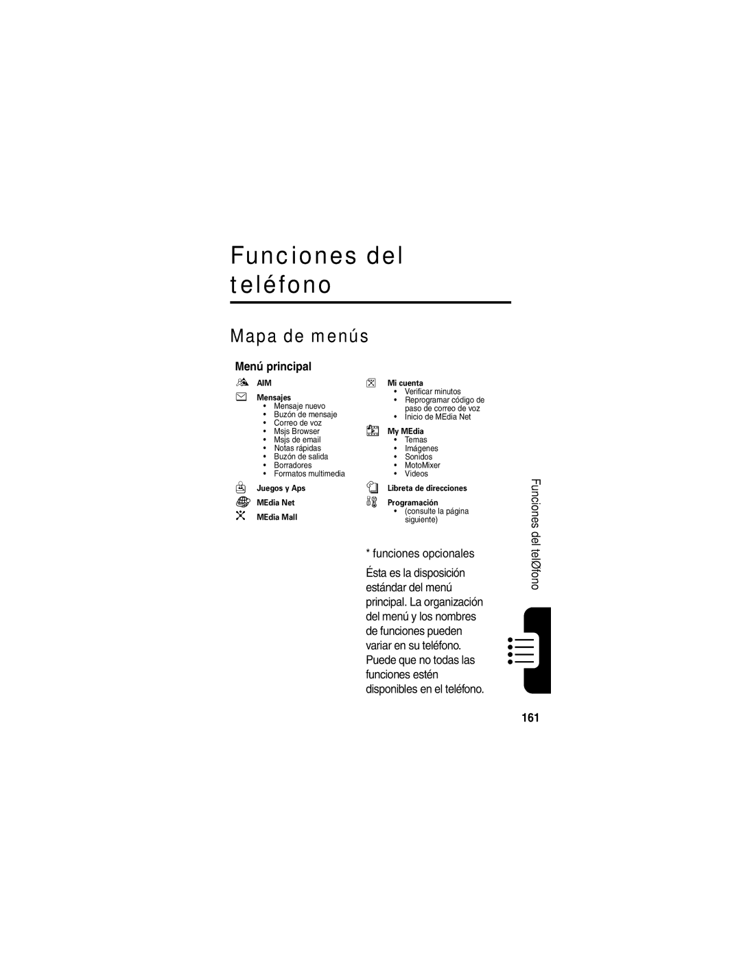 Motorola V540 manual Funciones del teléfono, Mapa de menús, Menú principal, Funciones opcionales, 161 