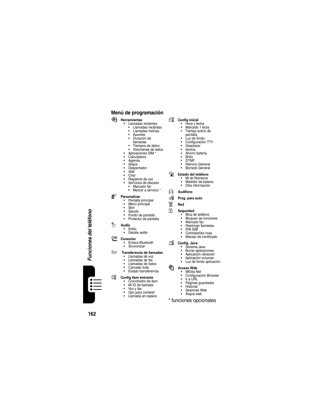 Motorola V540 manual 162, Menú de programación 