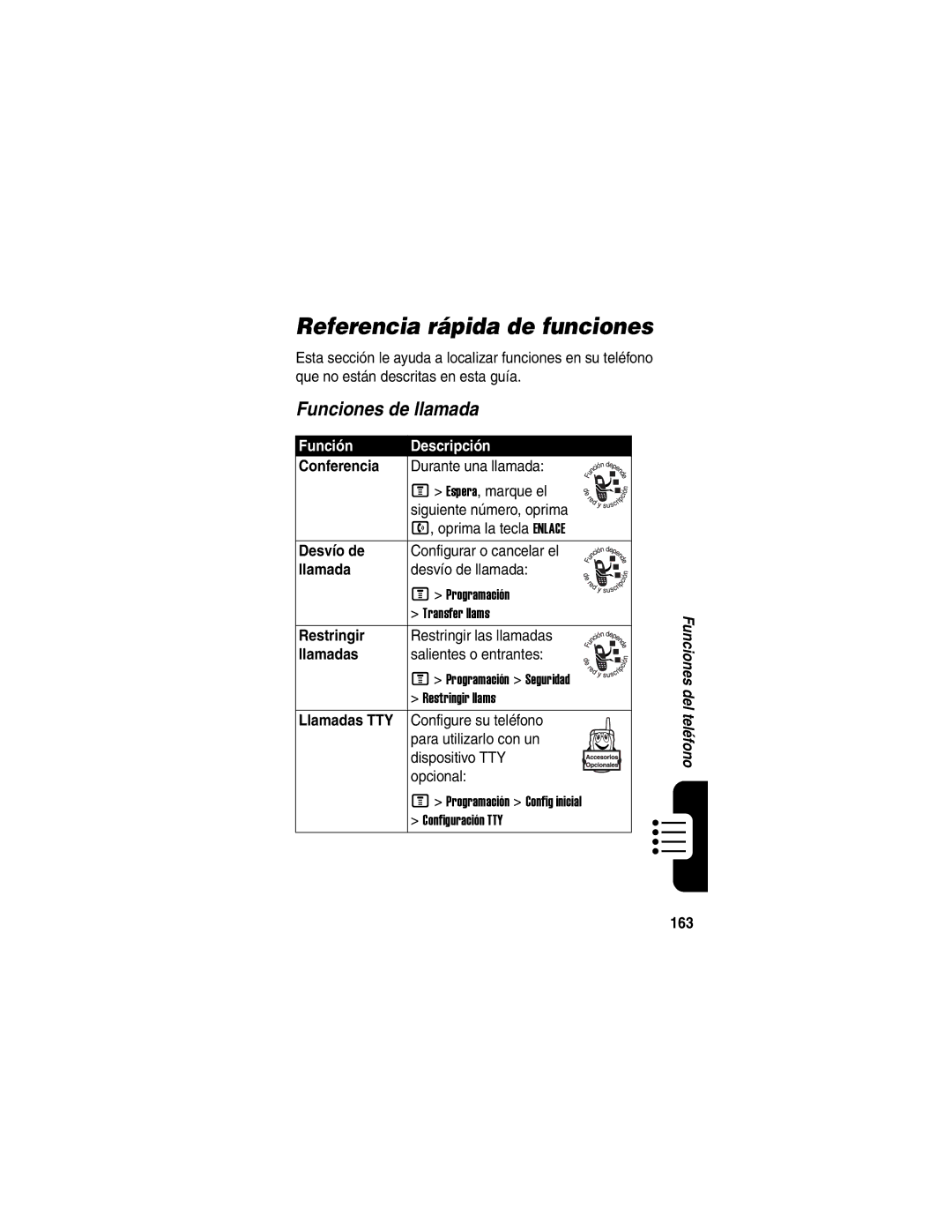 Motorola V540 manual Referencia rápida de funciones, Funciones de llamada, Función Descripción 