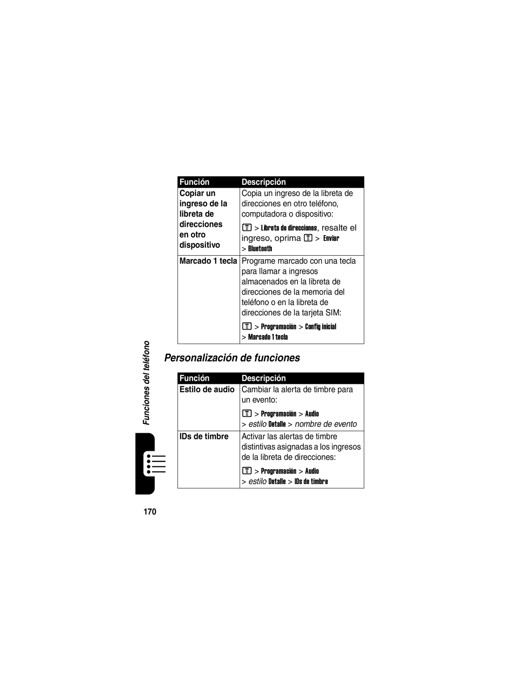 Motorola V540 manual Personalización de funciones 