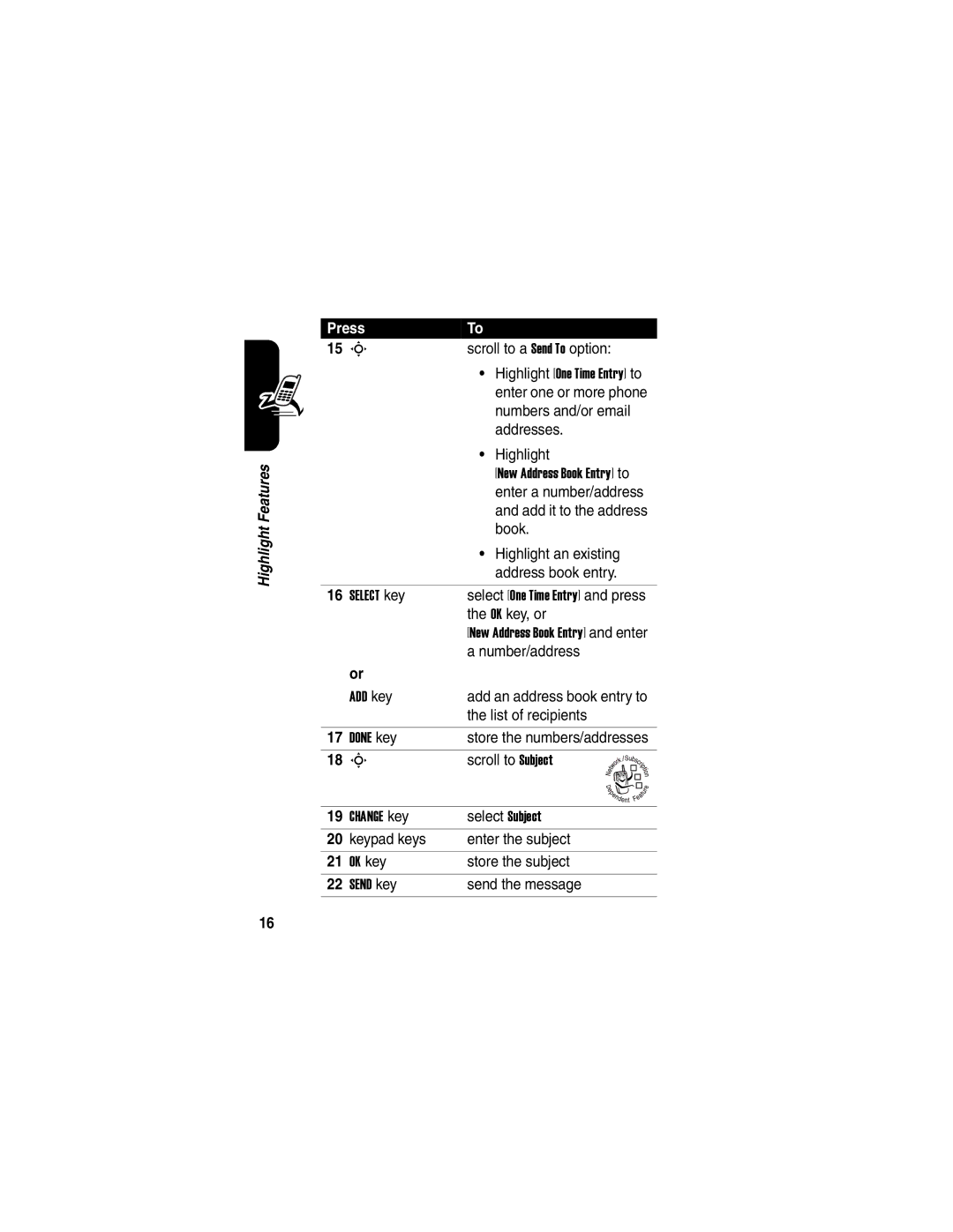 Motorola V540 manual Scroll to a Send To option, Numbers and/or email, Addresses, Highlight, Enter a number/address, Book 