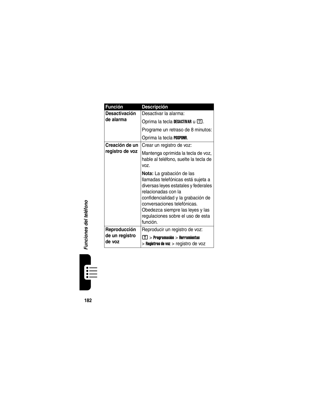 Motorola V540 manual Desactivación, Reproducción, De un registro, De voz, 182 