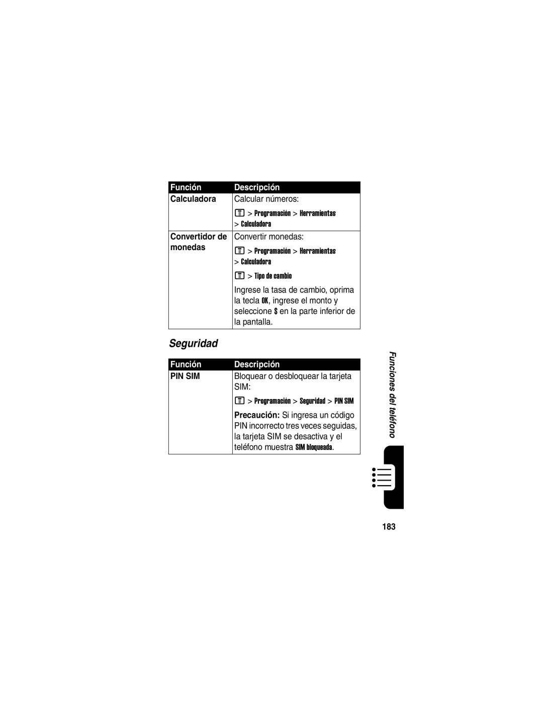 Motorola V540 manual Seguridad, Calculadora, Monedas, 183 