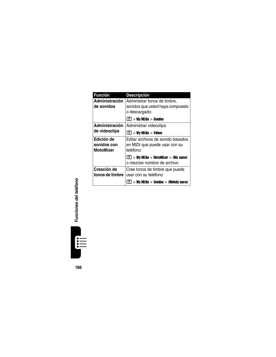 Motorola V540 manual De sonidos, De videoclips, Sonidos con, 186 