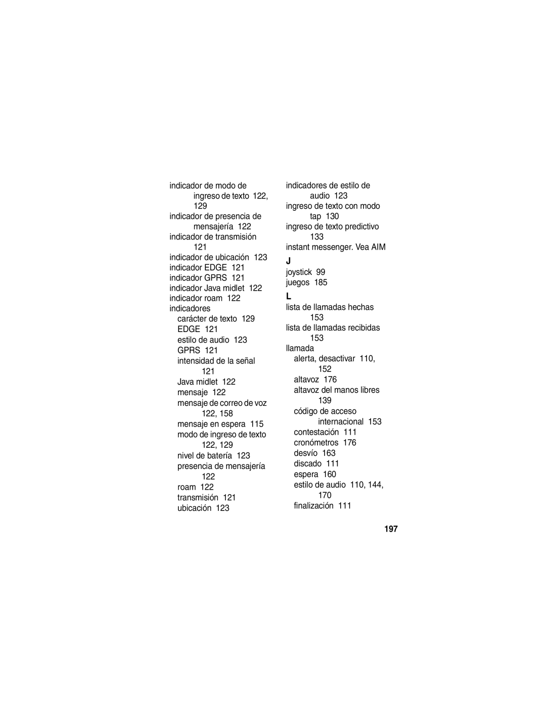 Motorola V540 manual Indicador de modo de ingreso de texto 122, Java midlet 122 mensaje 122 mensaje de correo de voz, 197 