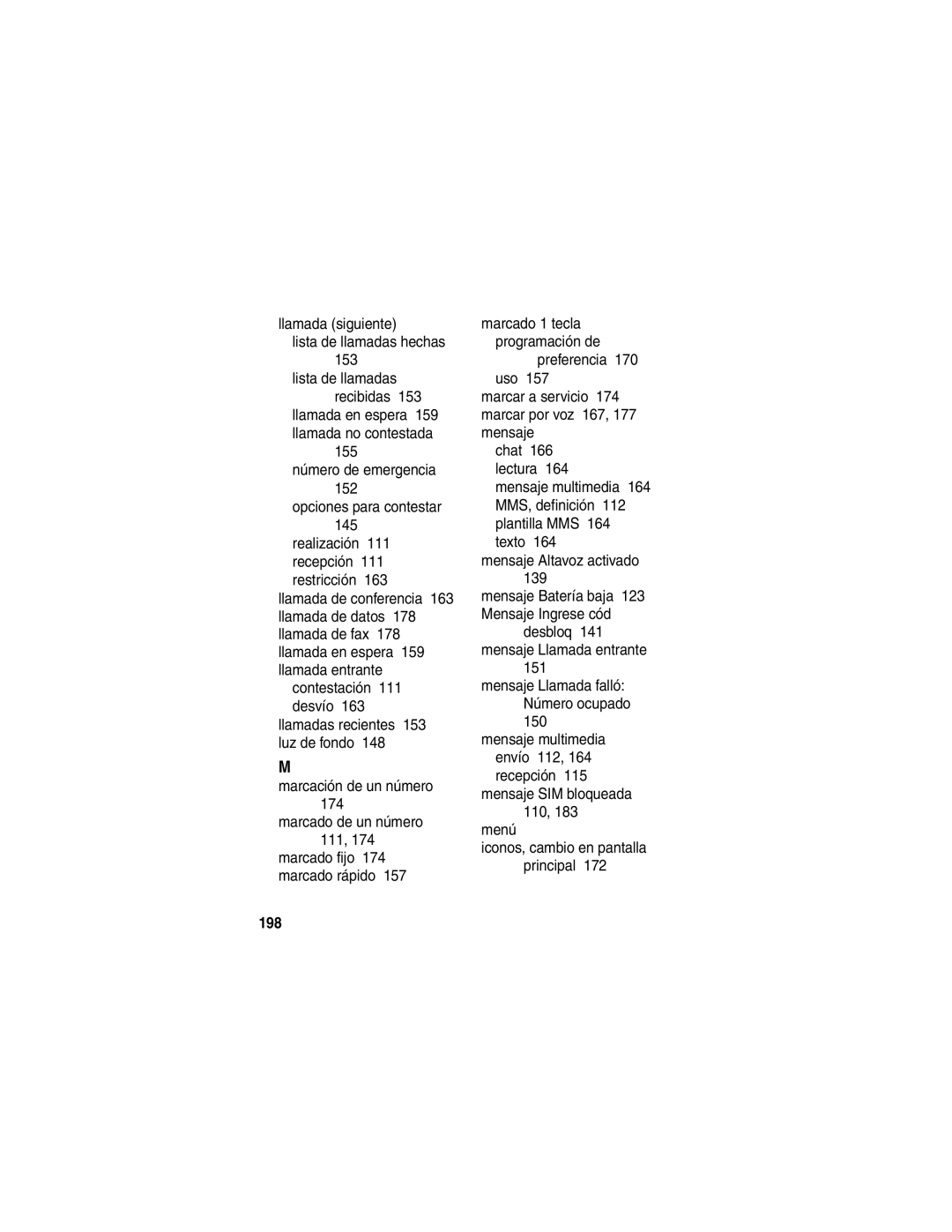 Motorola V540 manual 155, Marcado fijo 174 marcado rápido, Menú Iconos, cambio en pantalla Principal, 198 