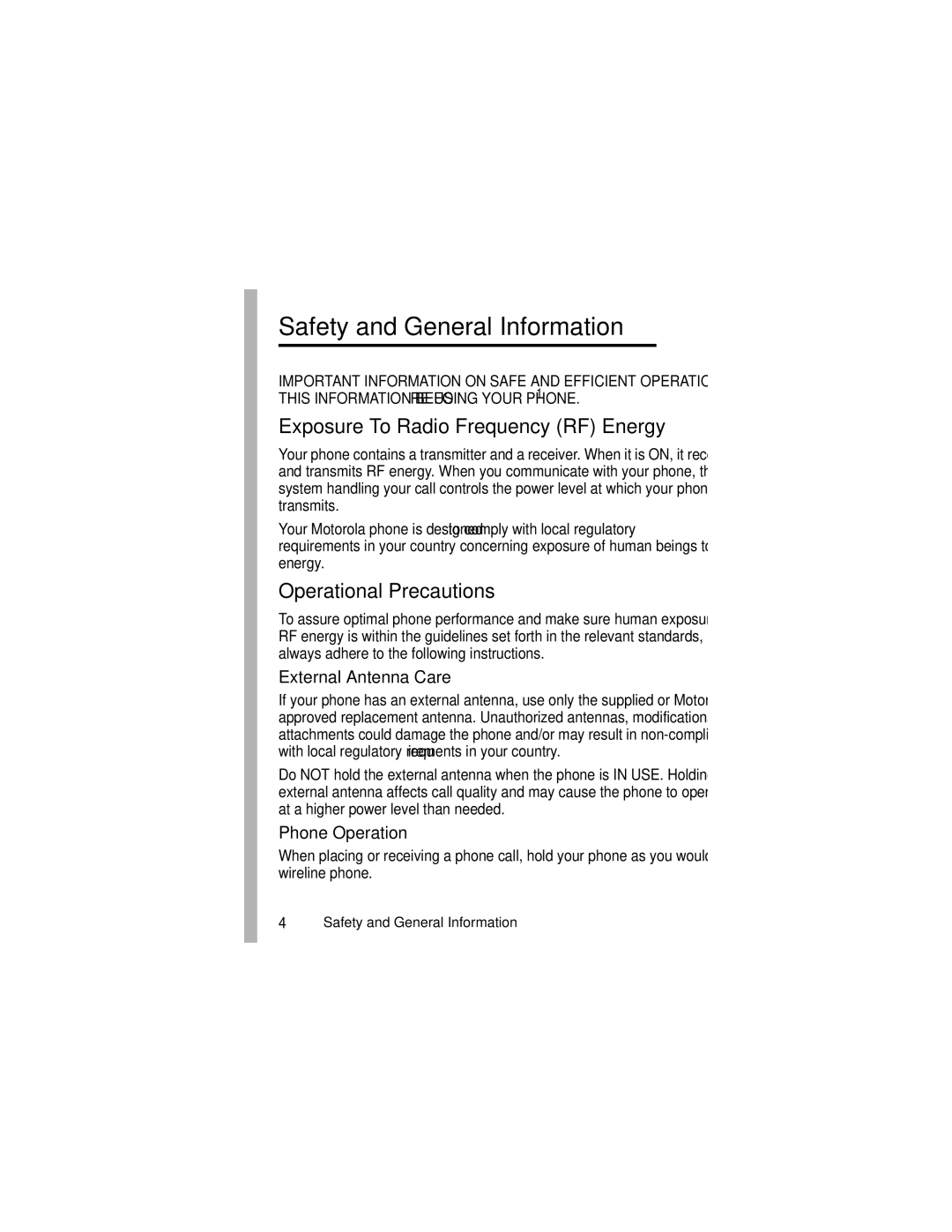 Motorola V540 manual Exposure To Radio Frequency RF Energy, Operational Precautions 