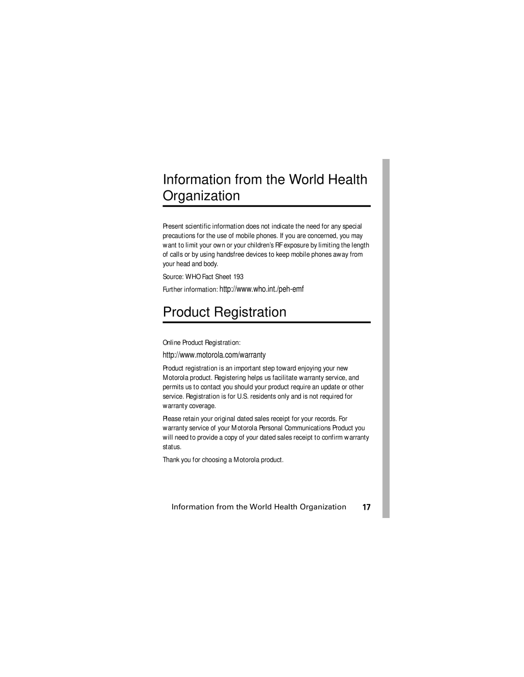 Motorola V540 manual Information from the World Health Organization 