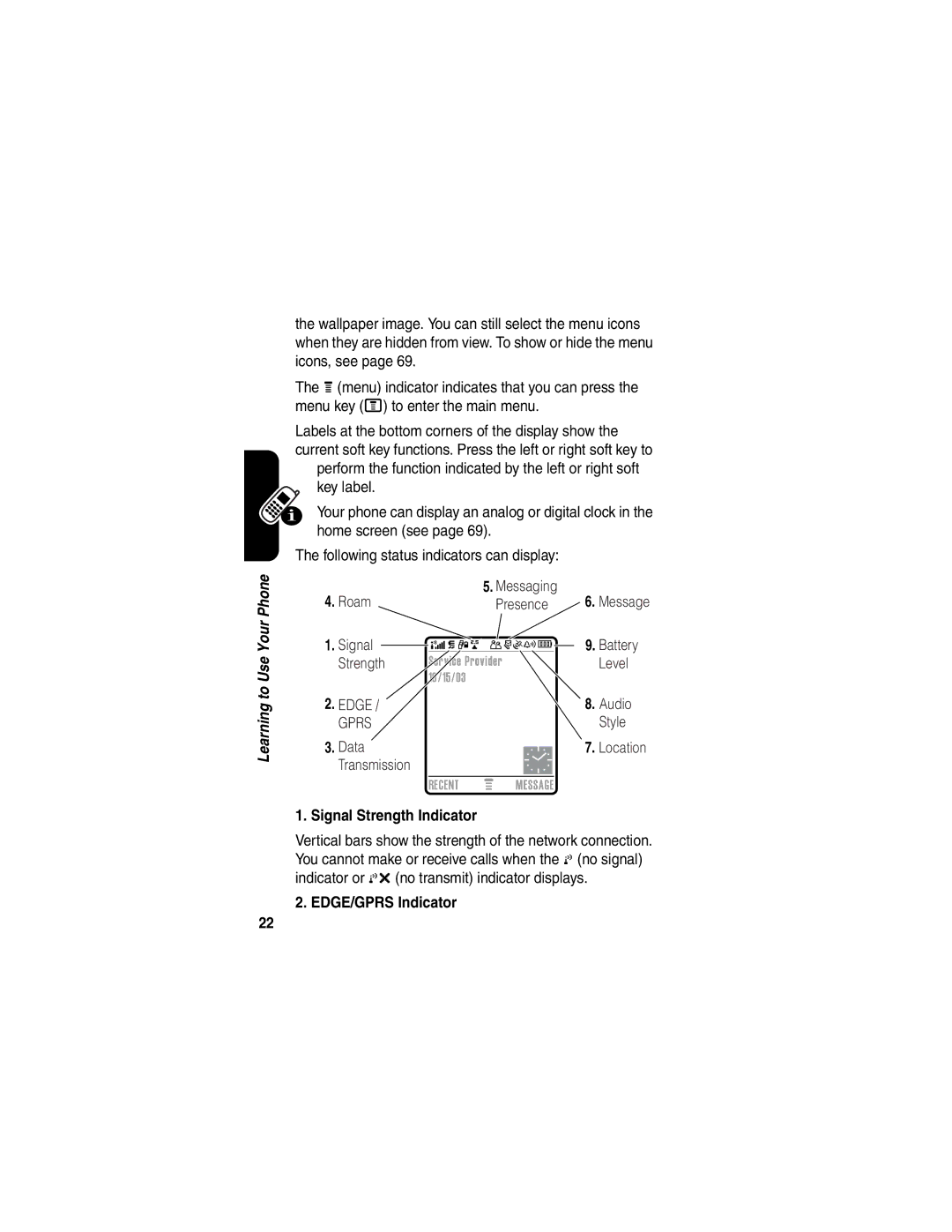 Motorola V540 manual Signal Strength Indicator, EDGE/GPRS Indicator 