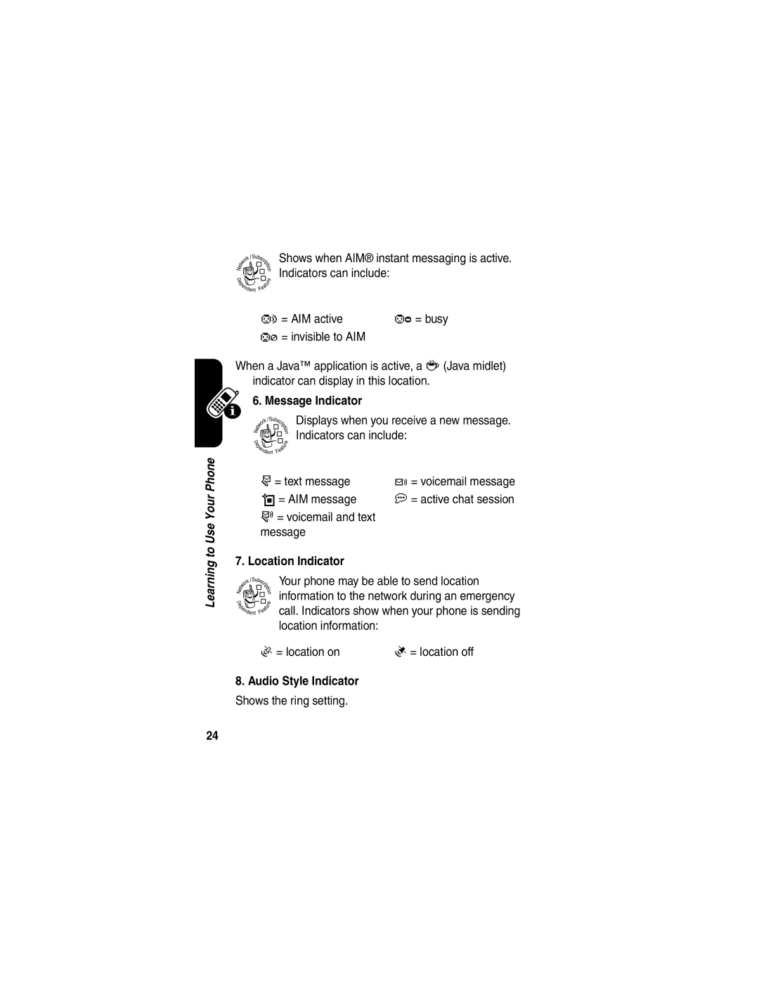 Motorola V540 manual Message Indicator, Location Indicator, Your phone may be able to send location 