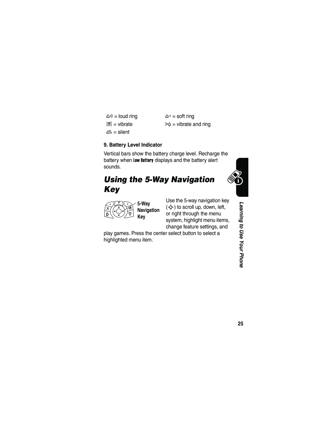 Motorola V540 manual Using the 5-Way Navigation Key, Battery Level Indicator 