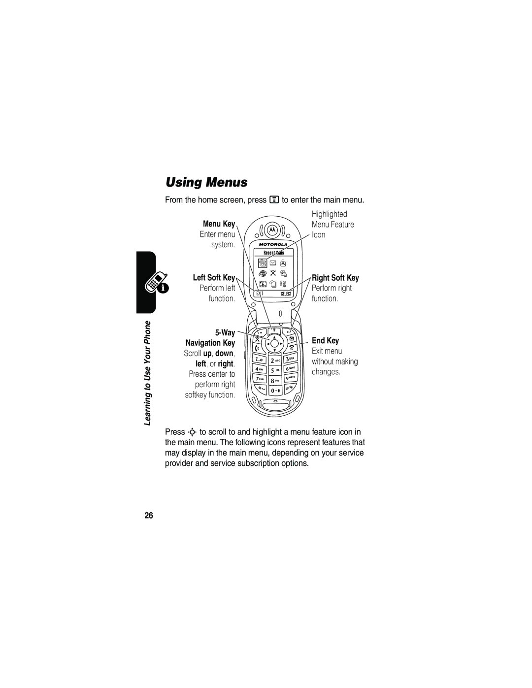 Motorola V540 manual Using Menus, Way End Key, Left , or right 