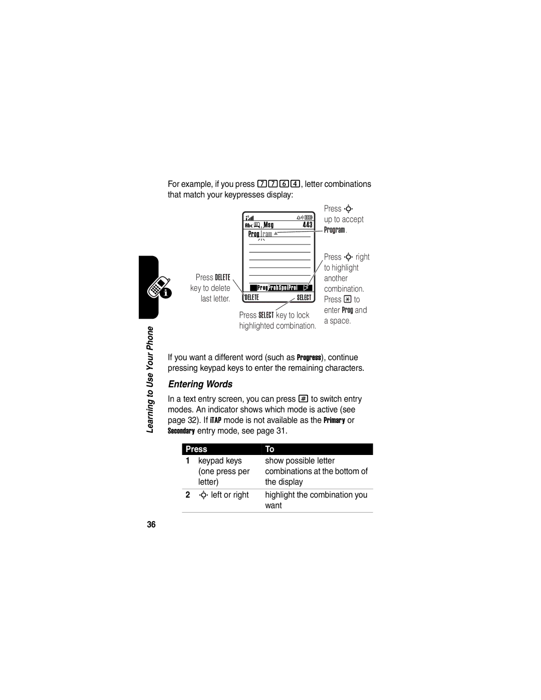 Motorola V540 manual Keypad keys Show possible letter One press per, Letter Display Left or right, Want 