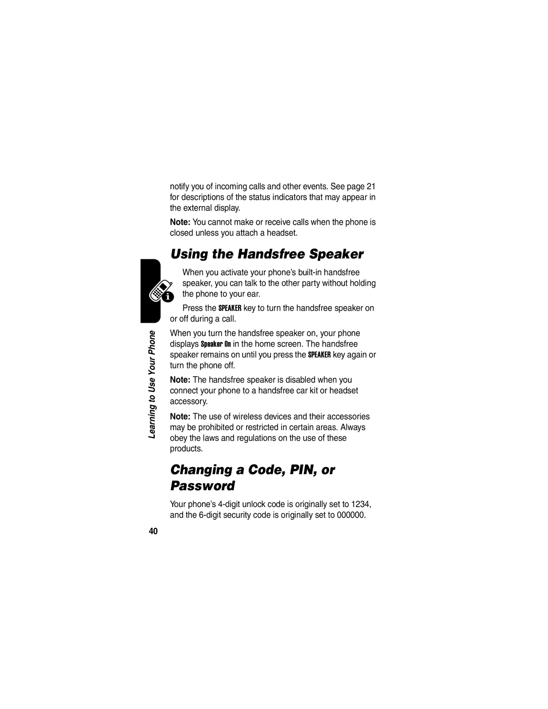 Motorola V540 manual Using the Handsfree Speaker, Changing a Code, PIN, or Password 