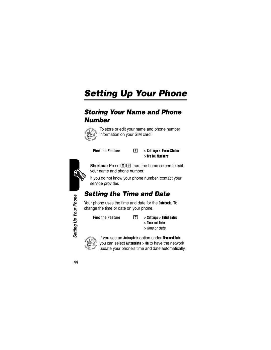 Motorola V540 manual Setting Up Your Phone, Storing Your Name and Phone Number, Setting the Time and Date 