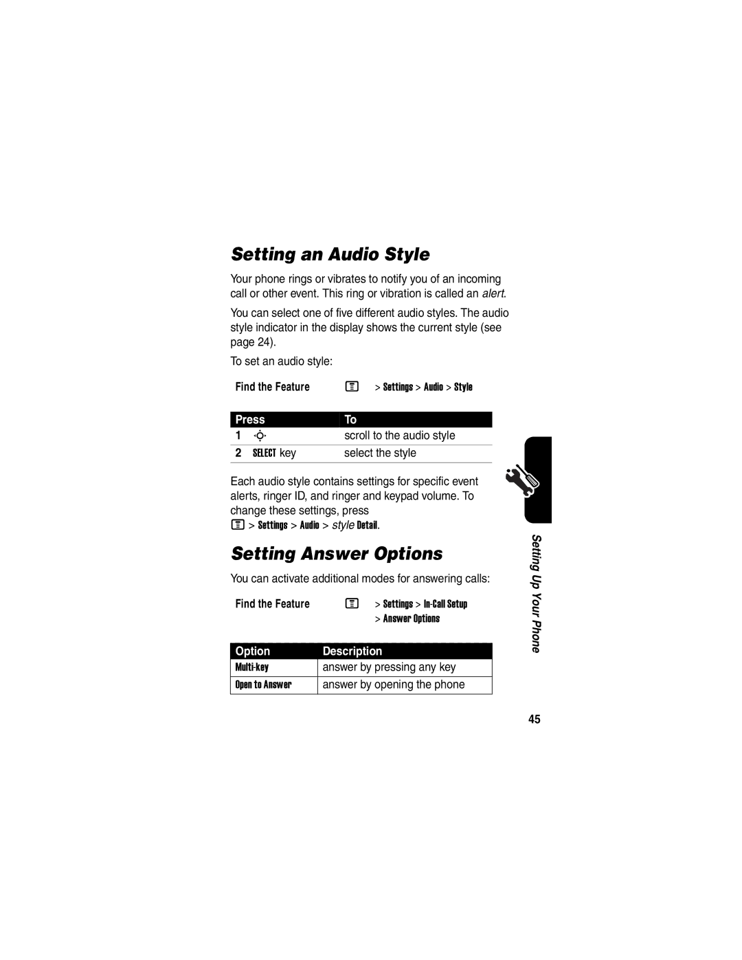 Motorola V540 manual Setting an Audio Style, Setting Answer Options, Option Description 