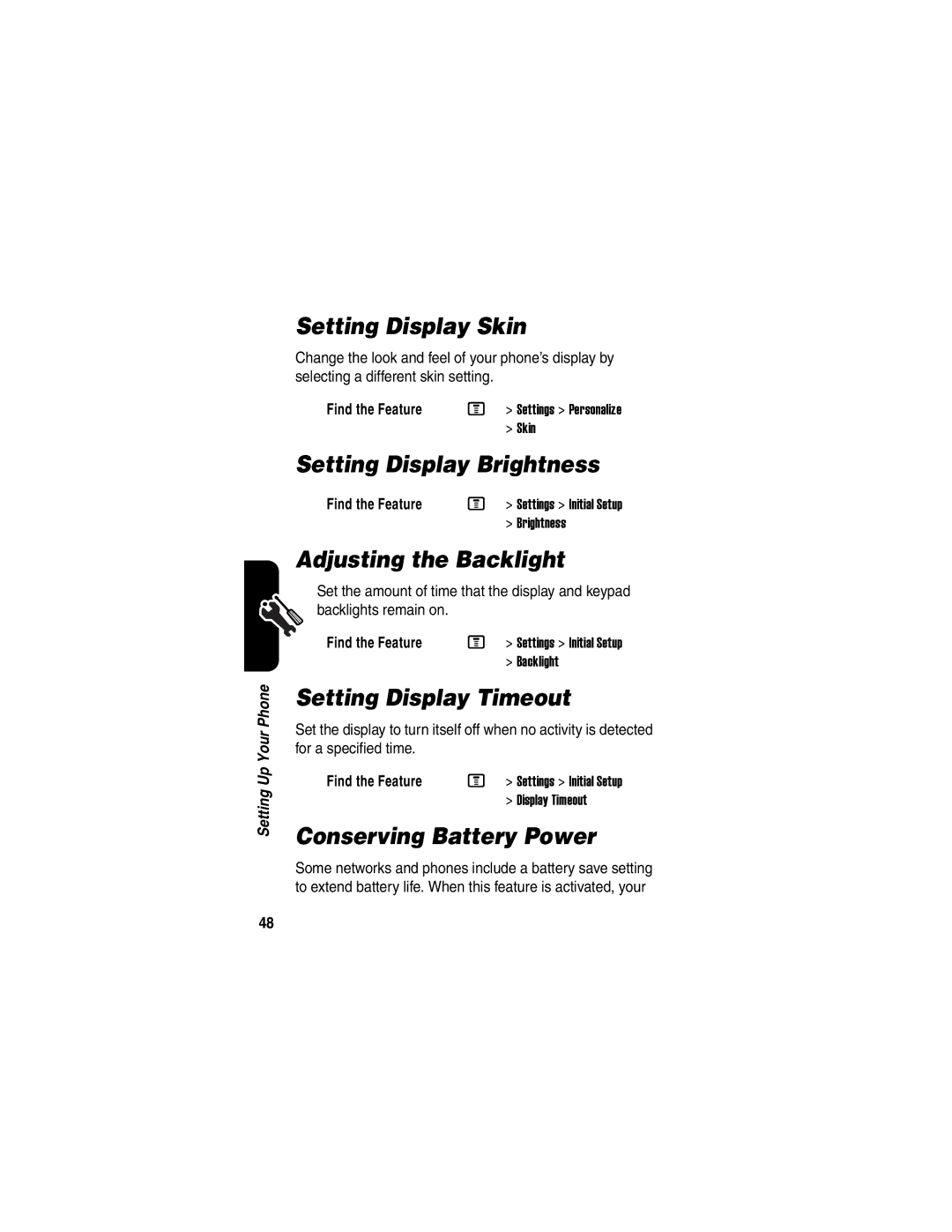 Motorola V540 manual Setting Display Skin, Setting Display Brightness, Adjusting the Backlight, Setting Display Timeout 