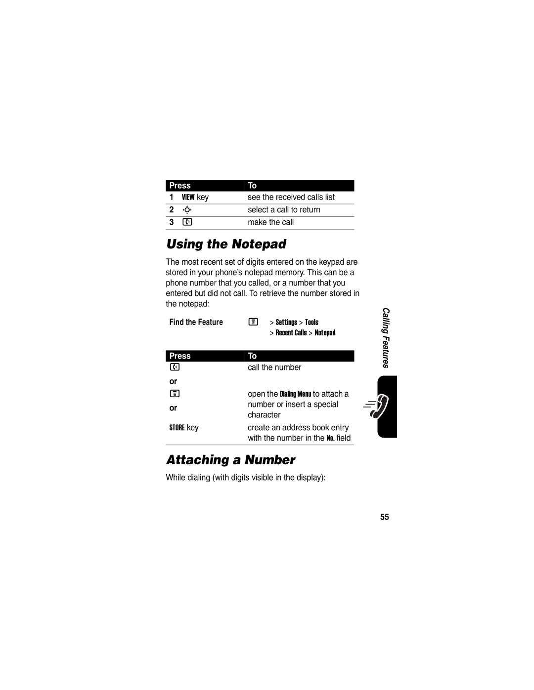 Motorola V540 manual Using the Notepad, Attaching a Number 