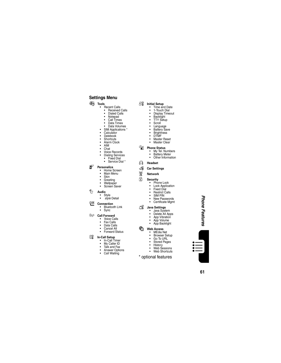 Motorola V540 manual Settings Menu, Tools 