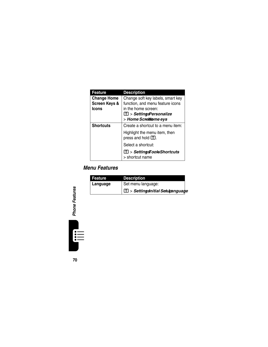 Motorola V540 manual Menu Features, Icons, Shortcuts, Language 