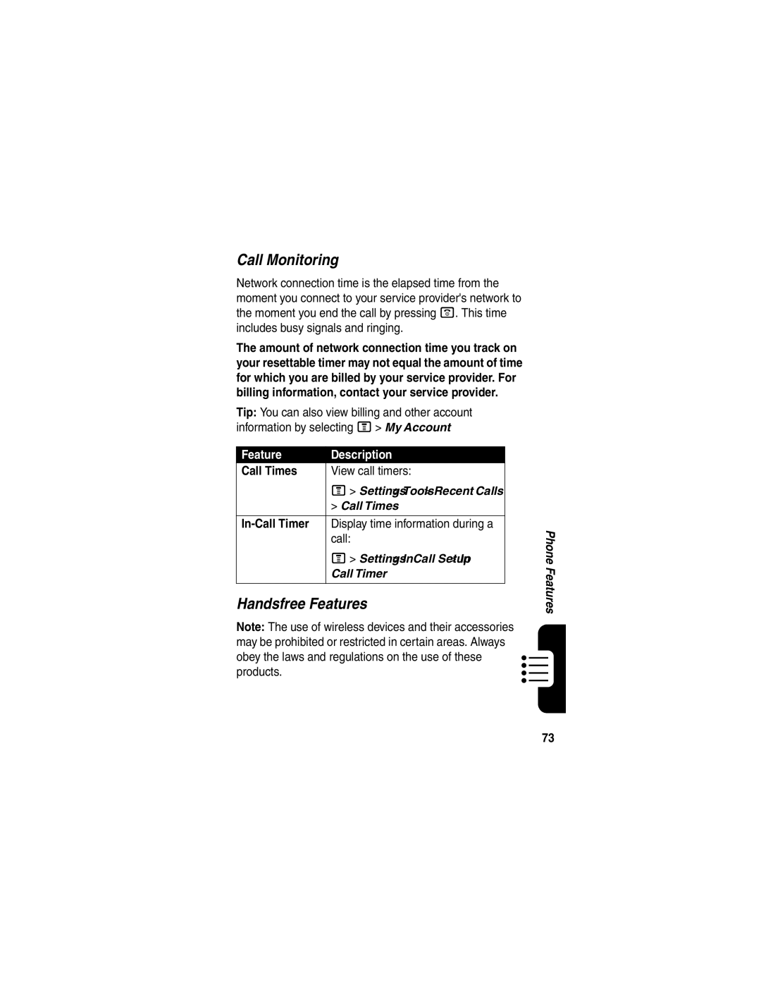 Motorola V540 manual Call Monitoring, Handsfree Features, Call Times, View call timers, In-Call Timer 