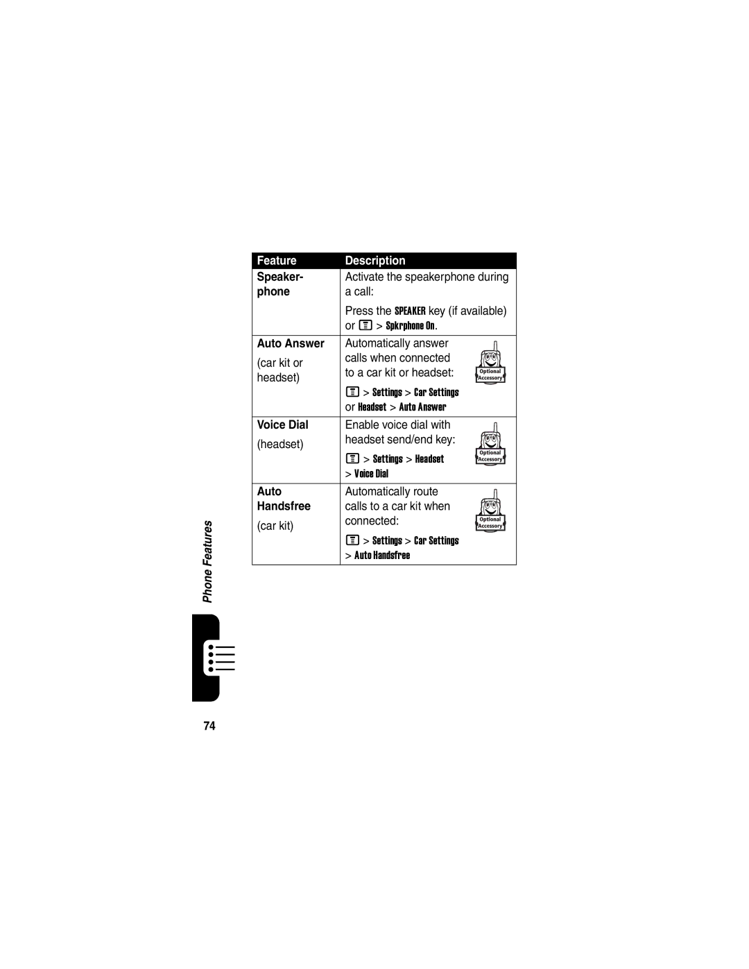 Motorola V540 manual Speaker, Phone, Auto Answer, Handsfree 