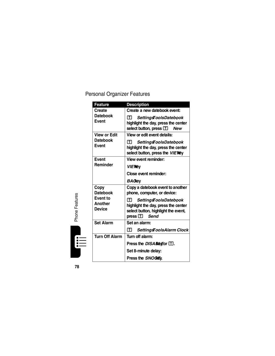 Motorola V540 manual Personal Organizer Features 