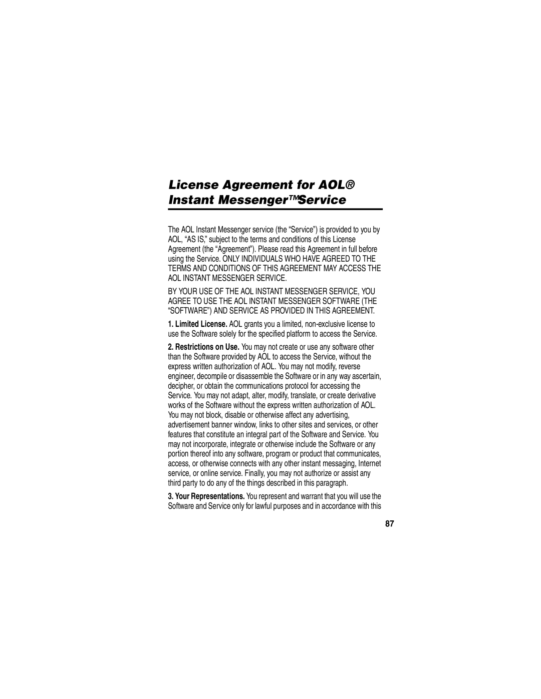 Motorola V540 manual License Agreement for AOL Instant MessengerService 