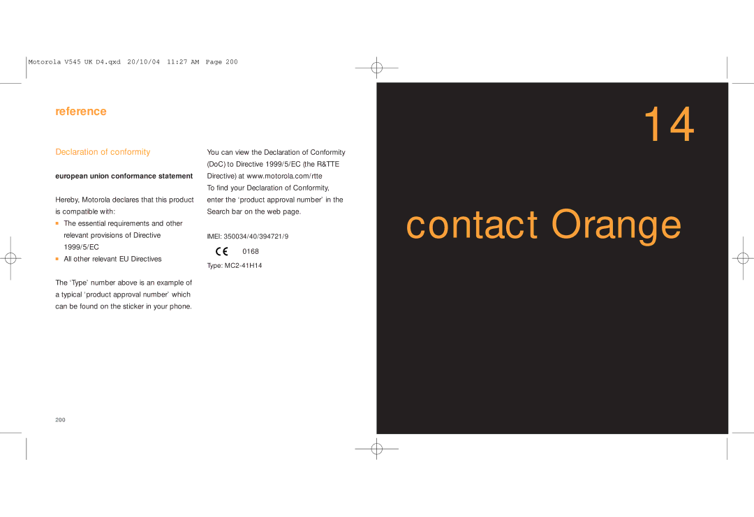 Motorola V545 manual Contact Orange, Declaration of conformity 