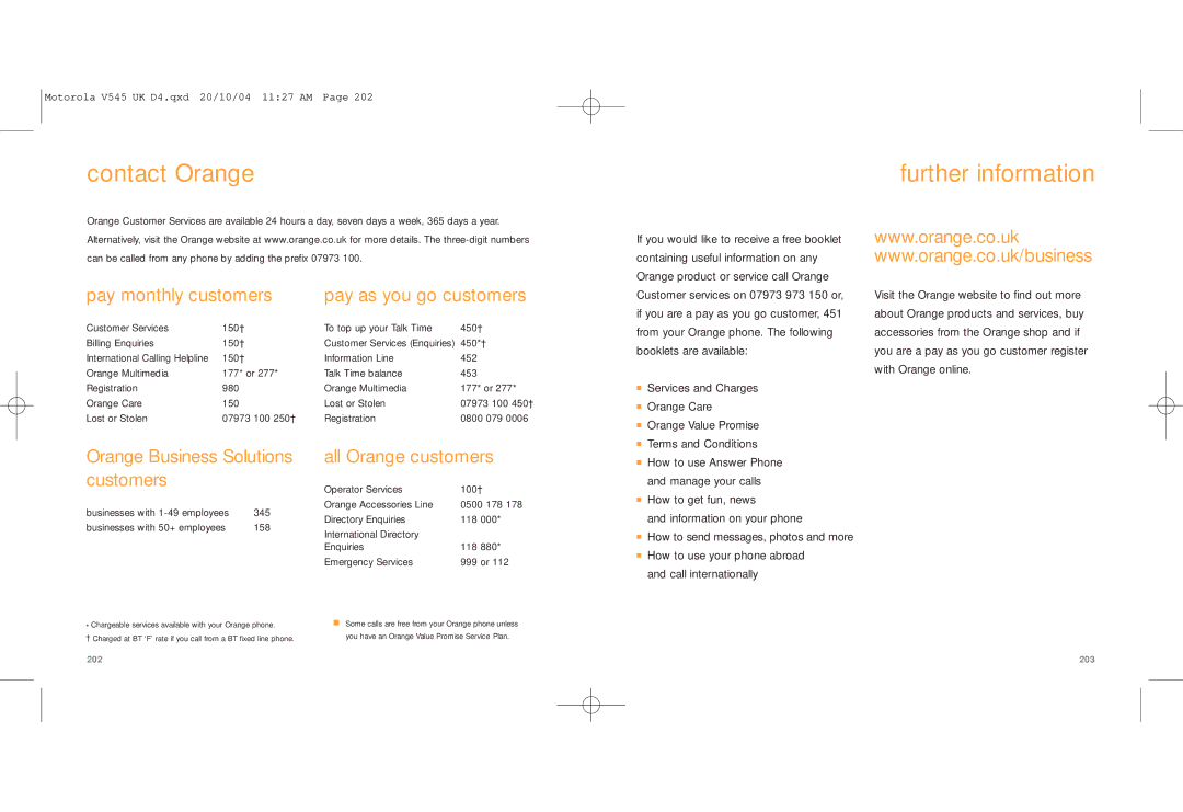 Motorola V545 manual Contact Orange Further information, Pay monthly customers 