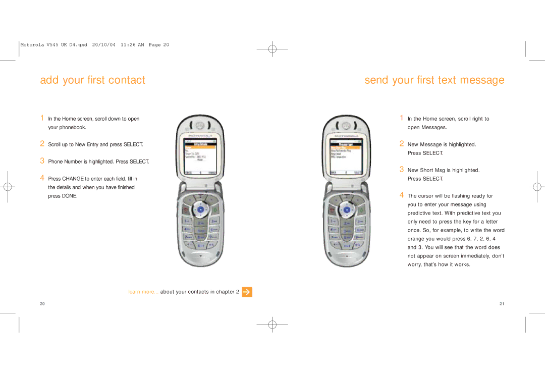 Motorola V545 manual Add your first contact, Send your first text message 