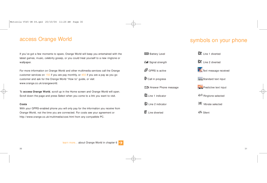 Motorola V545 manual Access Orange World, Symbols on your phone 