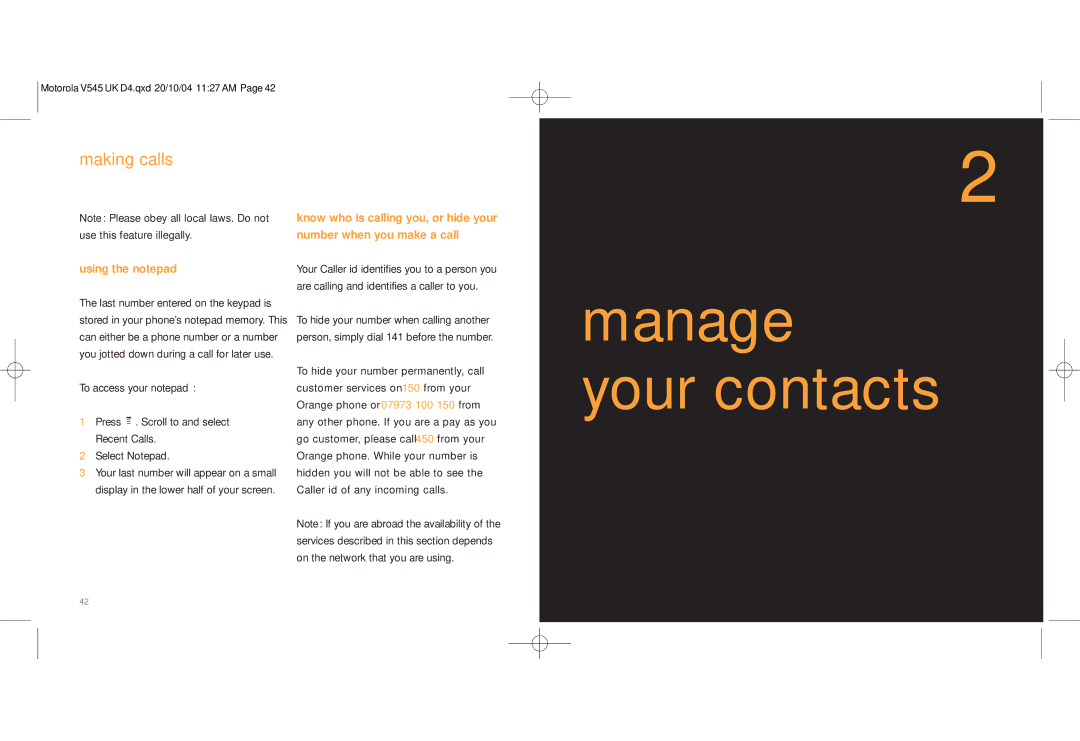 Motorola V545 manual Manage Your contacts, Using the notepad 
