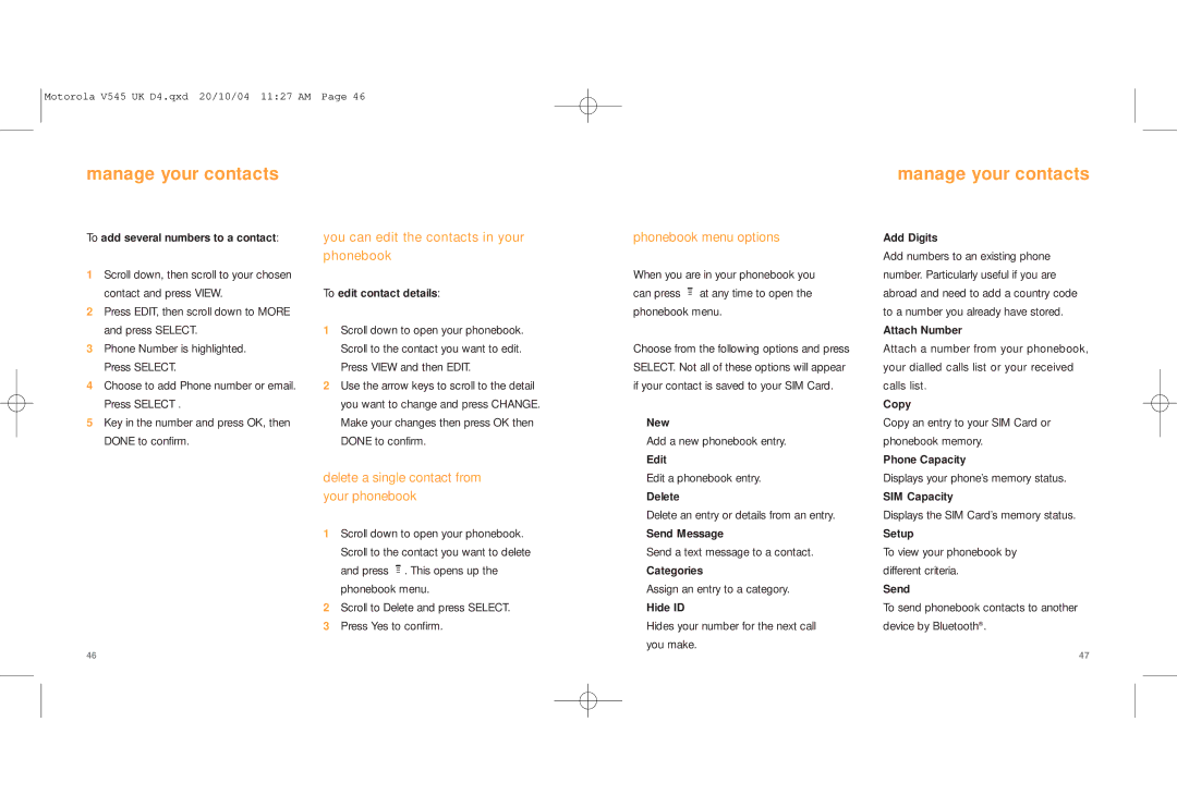 Motorola V545 manual You can edit the contacts in your phonebook, Phonebook menu options 