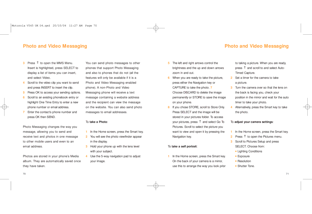 Motorola V545 manual Photo and Video Messaging 