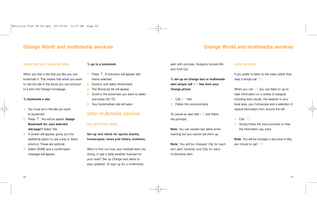 Motorola V545 manual Other multimedia services, Bookmark your favourite sites, Text and mms alerts, Voice services 