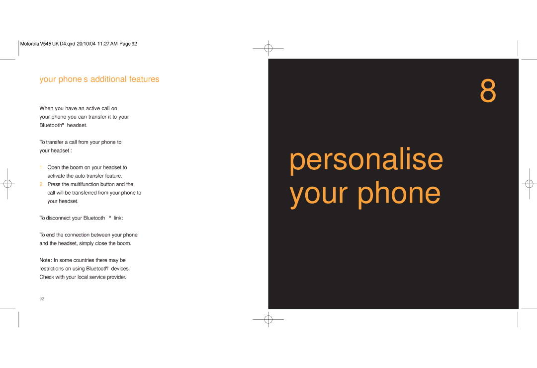 Motorola V545 manual Personalise your phone 