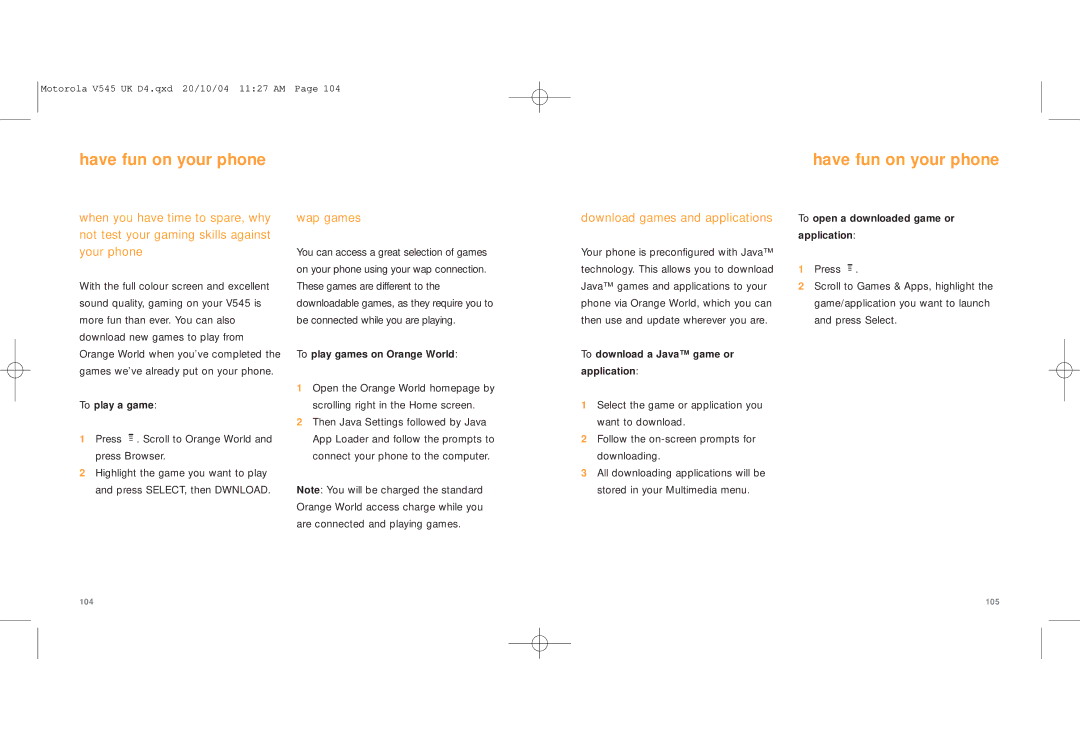 Motorola V545 manual Have fun on your phone, Wap games, Download games and applications 