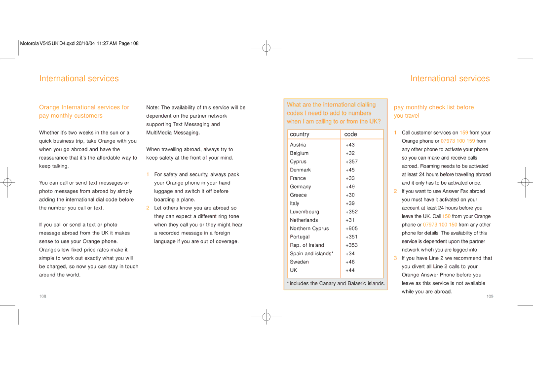 Motorola V545 manual Orange International services for pay monthly customers, Pay monthly check list before you travel 