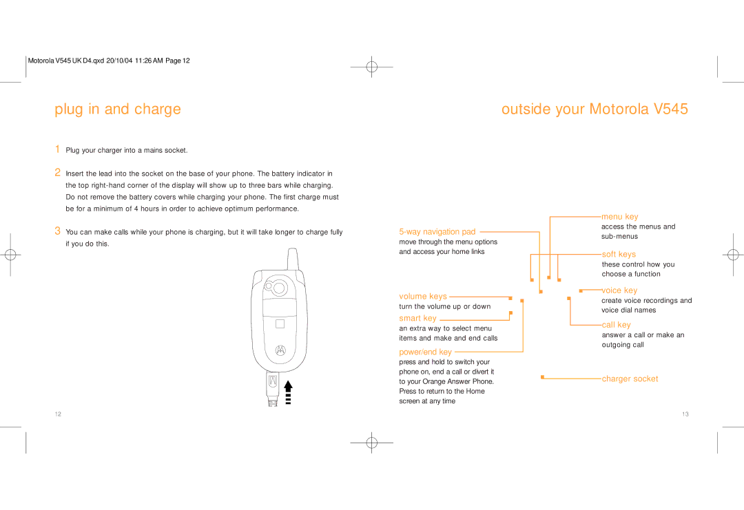 Motorola V545 manual Plug in and charge, Outside your Motorola 