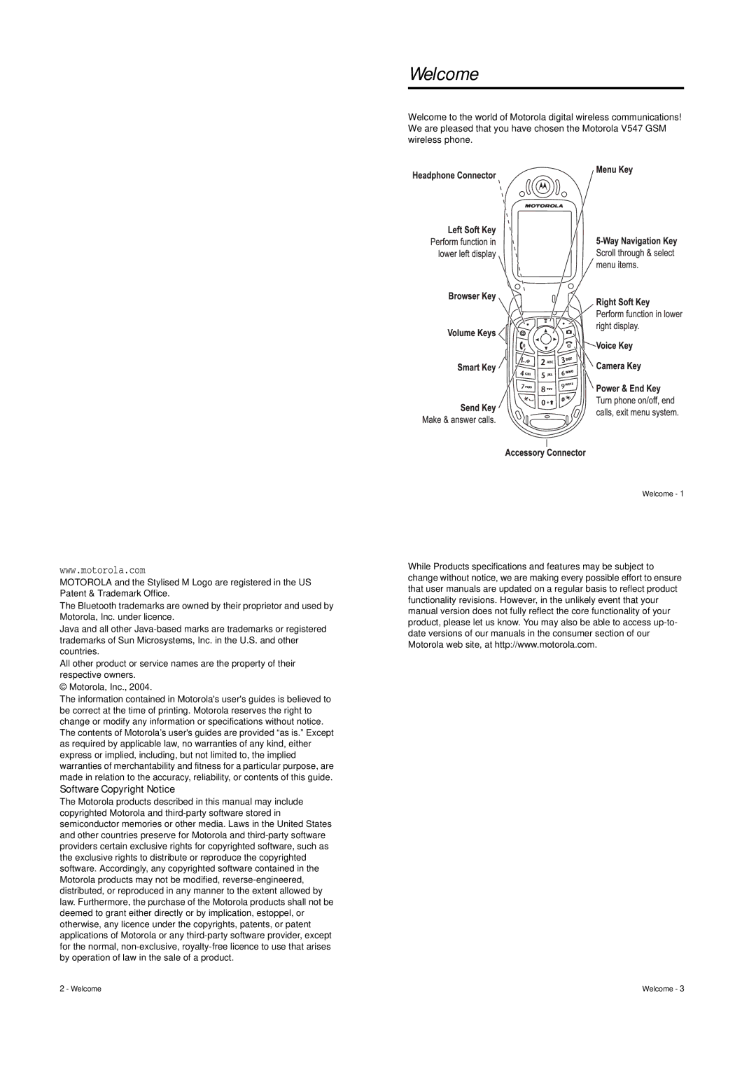 Motorola V547 specifications Welcome, Software Copyright Notice 