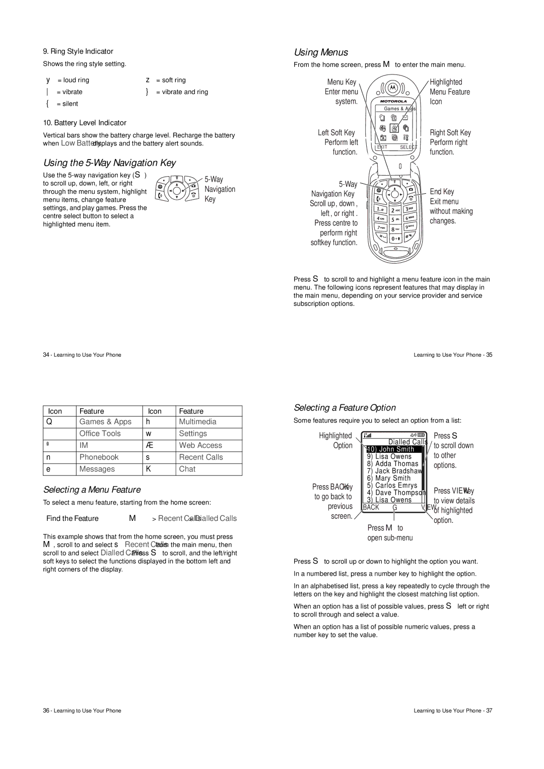 Motorola V547 Using the 5-Way Navigation Key, Using Menus, Selecting a Menu Feature, Selecting a Feature Option 