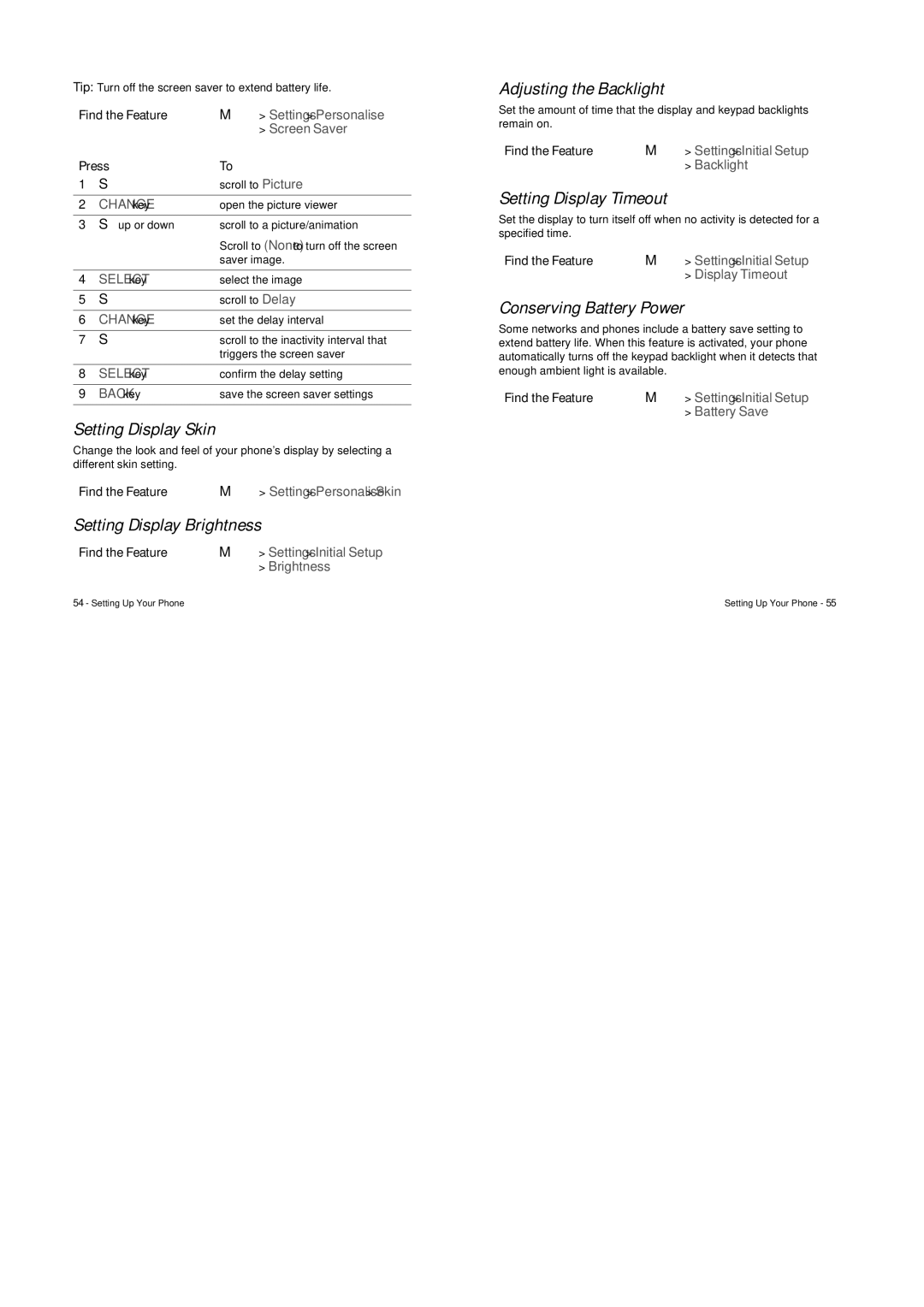 Motorola V547 Setting Display Skin, Setting Display Brightness, Adjusting the Backlight, Setting Display Timeout 