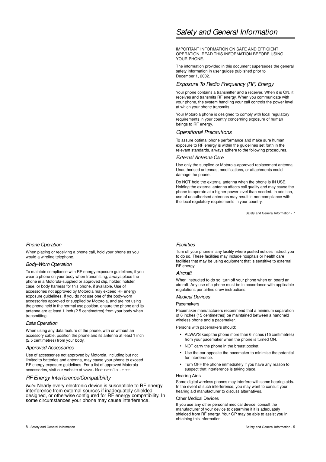 Motorola V547 Safety and General Information, RF Energy Interference/Compatibility, Exposure To Radio Frequency RF Energy 